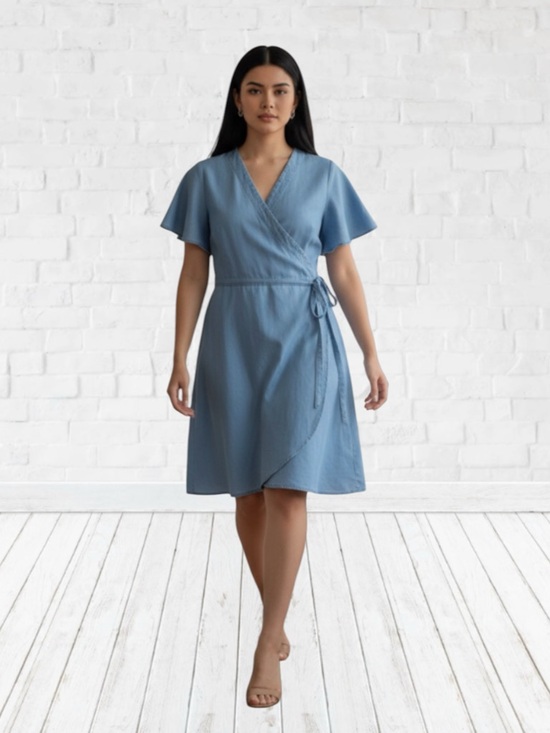 Loft size 2 chambray 100% lyocell flutter sleeve wrap dress - Picture 10 of 15